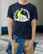 Official Sleep Shirt Cute Hippo T-Shirt for Bedtime - model wearing navy shirt, hands in pockets