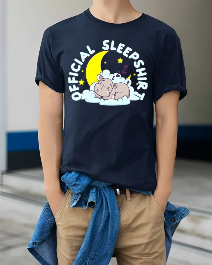 Official Sleep Shirt Cute Hippo T-Shirt for Bedtime - model wearing navy shirt, hands in pockets