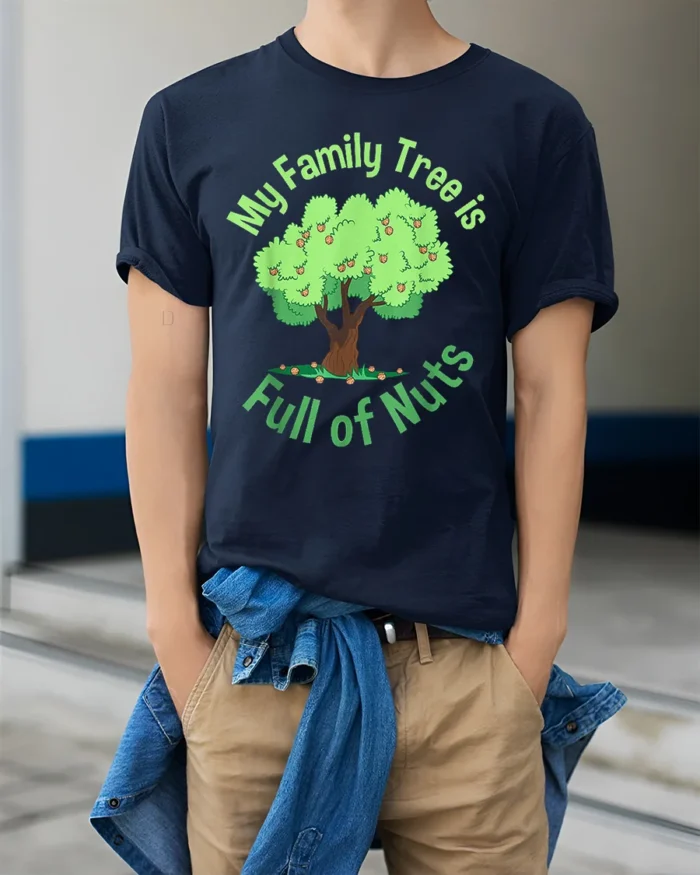 Funny Family Tree T-Shirt My Family Is Full of Nuts Tee - model wearing navy shirt, hands in pockets