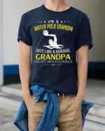 Water Polo Grandpa T-Shirt Funny Cool Grandpa Tee Gift - model wearing navy shirt, hands in pockets