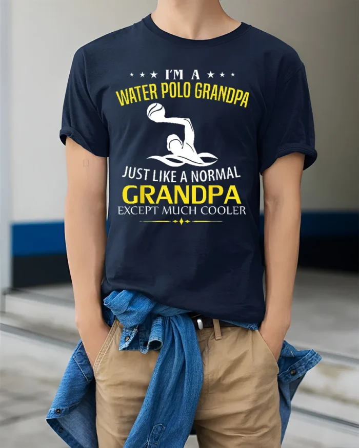 Water Polo Grandpa T-Shirt Funny Cool Grandpa Tee Gift - model wearing navy shirt, hands in pockets