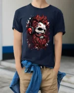 Skull DJ Headphones T-Shirt Gothic Rock Streetwear Tee - model wearing navy shirt, hands in pockets