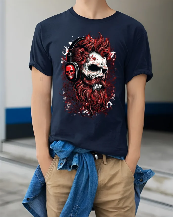 Skull DJ Headphones T-Shirt Gothic Rock Streetwear Tee - model wearing navy shirt, hands in pockets