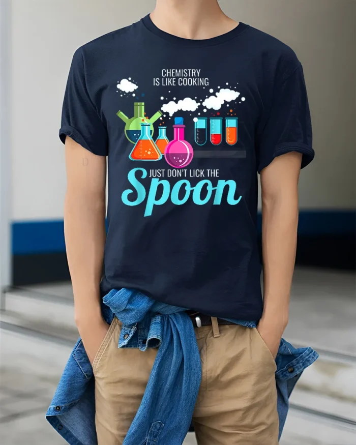 Funny Chemistry T-Shirt Don’t Lick the Spoon Tee - model wearing navy shirt, hands in pockets