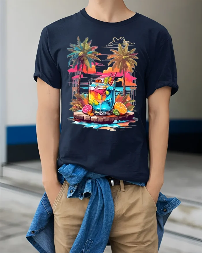 Tropical Sunset Cocktail T-Shirt Summer Beach Vibe Tee - model wearing navy shirt, hands in pockets