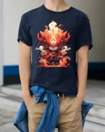 Flame Warrior Anime T-Shirt Fire Power Graphic Tee for Fans - model wearing navy shirt, hands in pockets