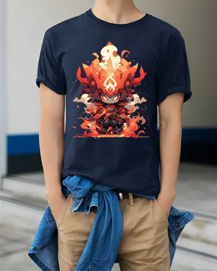 Flame Warrior Anime T-Shirt Fire Power Graphic Tee for Fans - model wearing navy shirt, hands in pockets