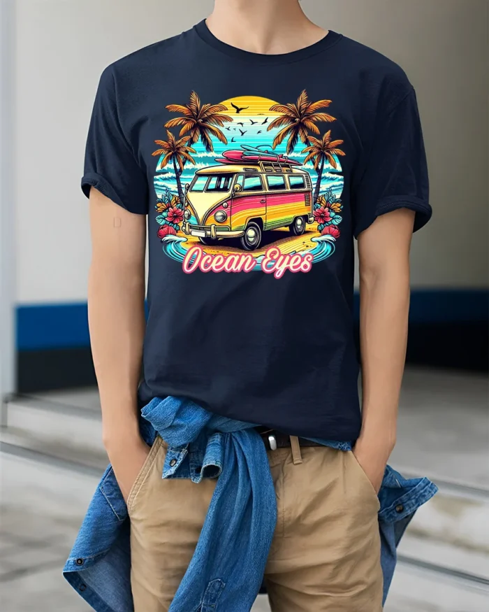 Vintage Van Beach T-Shirt Ocean Eyes Tropical Surf Tee - model wearing navy shirt, hands in pockets