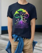 Psychedelic Tree of Life Yoga Zen T-Shirt Vibrant Trippy Nature - model wearing navy shirt, hands in pockets
