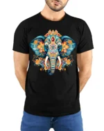 Boho Elephant Mandala Art T-Shirt Soft Cotton Tee for Men - model wearing black shirt, hands behind back