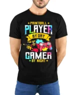 Paintball Player Gamer T-Shirt Day Night Dual Action Tee - model wearing black shirt, hands behind back