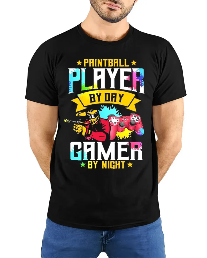 Paintball Player Gamer T-Shirt Day Night Dual Action Tee - model wearing black shirt, hands behind back