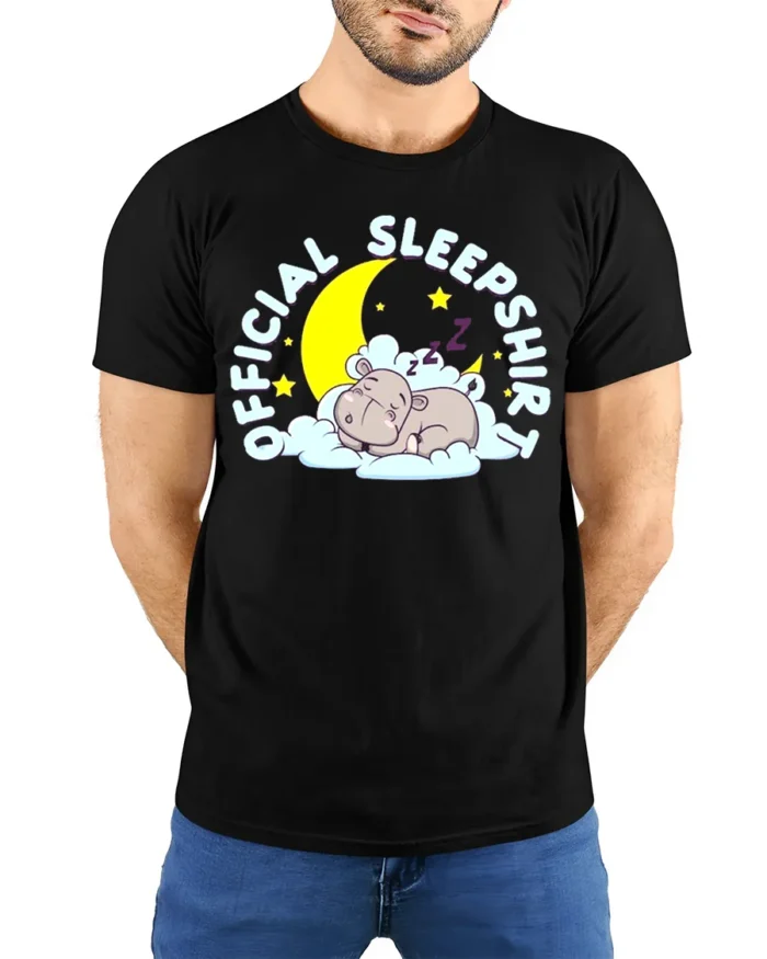 Official Sleep Shirt Cute Hippo T-Shirt for Bedtime - model wearing black shirt, hands behind back