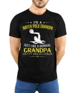Water Polo Grandpa T-Shirt Funny Cool Grandpa Tee Gift - model wearing black shirt, hands behind back