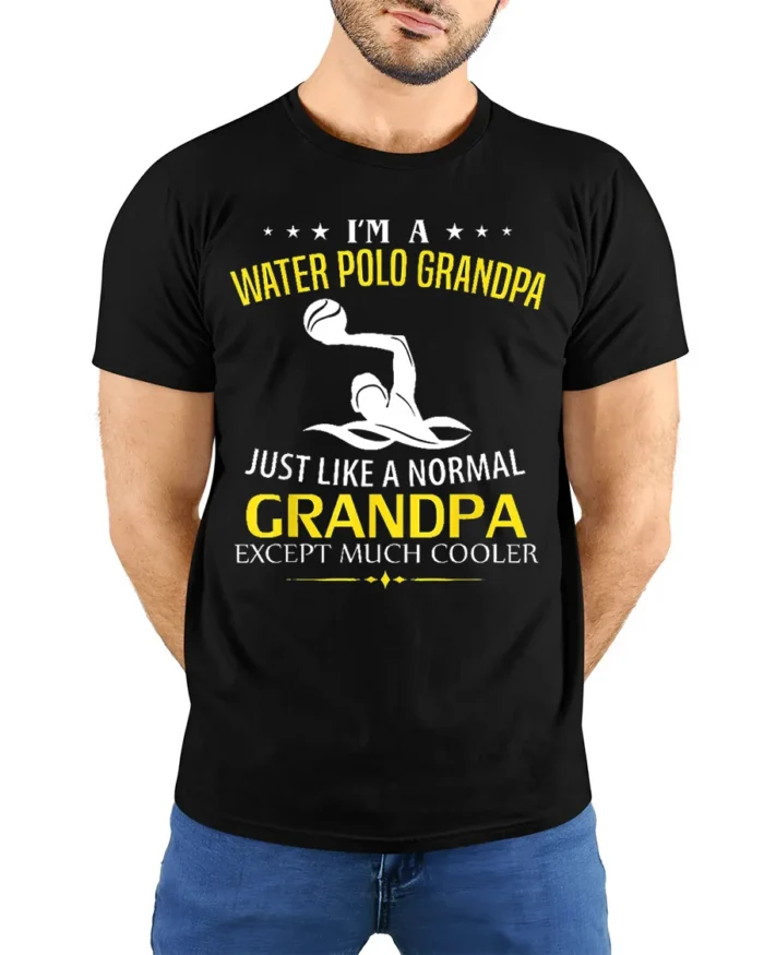 Water Polo Grandpa T-Shirt Funny Cool Grandpa Tee Gift - model wearing black shirt, hands behind back