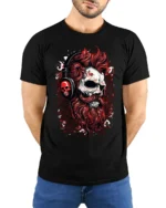 Skull DJ Headphones T-Shirt Gothic Rock Streetwear Tee - model wearing black shirt, hands behind back