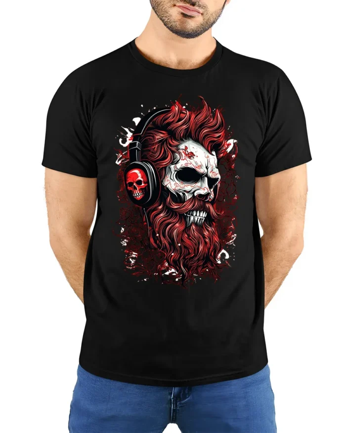 Skull DJ Headphones T-Shirt Gothic Rock Streetwear Tee - model wearing black shirt, hands behind back