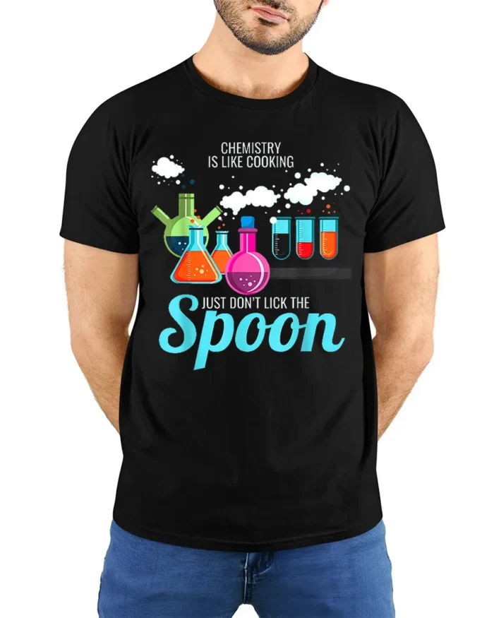 Funny Chemistry T-Shirt Don’t Lick the Spoon Tee - model wearing black shirt, hands behind back