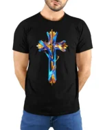 Christian Cross T-Shirt Abstract Faith Graphic Tee USA - model wearing black shirt, hands behind back