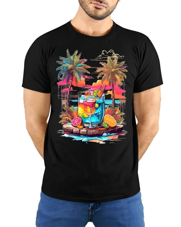 Tropical Sunset Cocktail T-Shirt Summer Beach Vibe Tee - model wearing black shirt, hands behind back