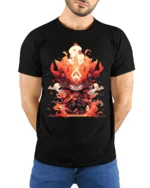 Flame Warrior Anime T-Shirt Fire Power Graphic Tee for Fans - model wearing black shirt, hands behind back