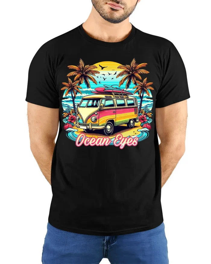 Vintage Van Beach T-Shirt Ocean Eyes Tropical Surf Tee - model wearing black shirt, hands behind back