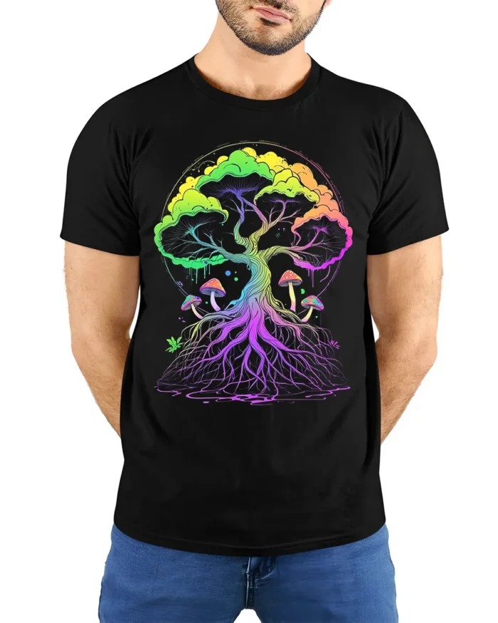 Psychedelic Tree of Life Yoga Zen T-Shirt Vibrant Trippy Nature - model wearing black shirt, hands behind back