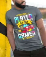 Paintball Player Gamer T-Shirt Day Night Dual Action Tee - model in grey shirt leaning against column