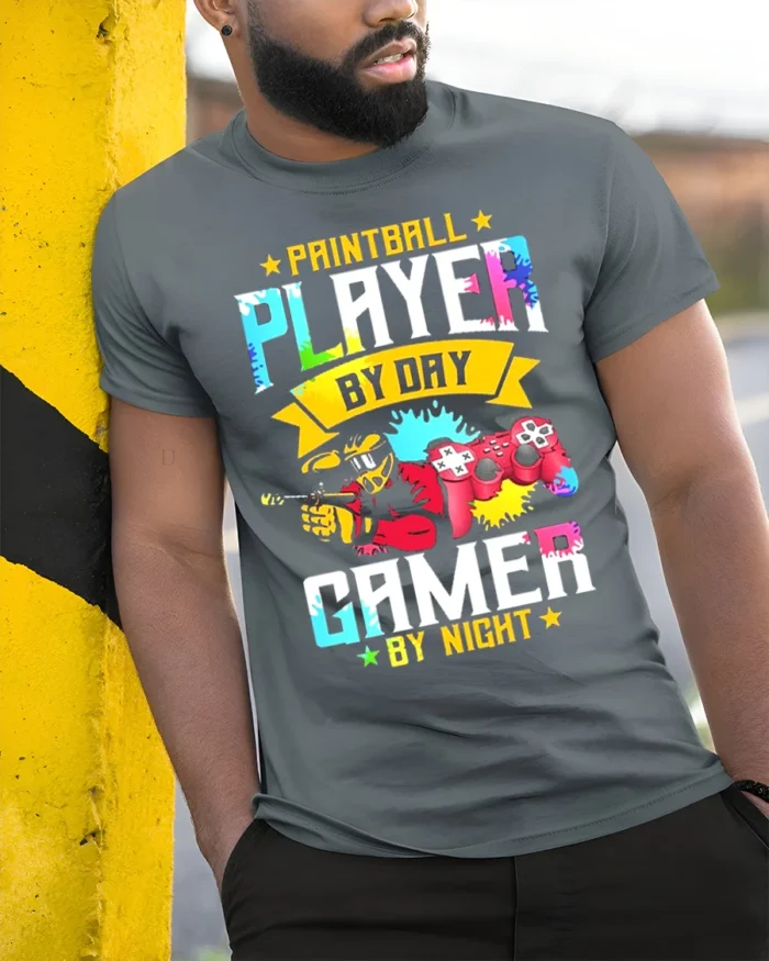 Paintball Player Gamer T-Shirt Day Night Dual Action Tee - model in grey shirt leaning against column