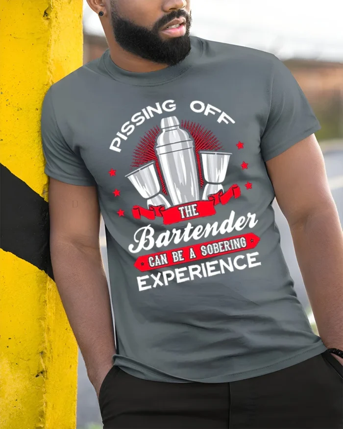 Funny Bartender T-Shirt Pissing Off The Bartender Tee - model in grey shirt leaning against column