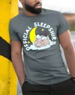Official Sleep Shirt Cute Hippo T-Shirt for Bedtime - model in grey shirt leaning against column