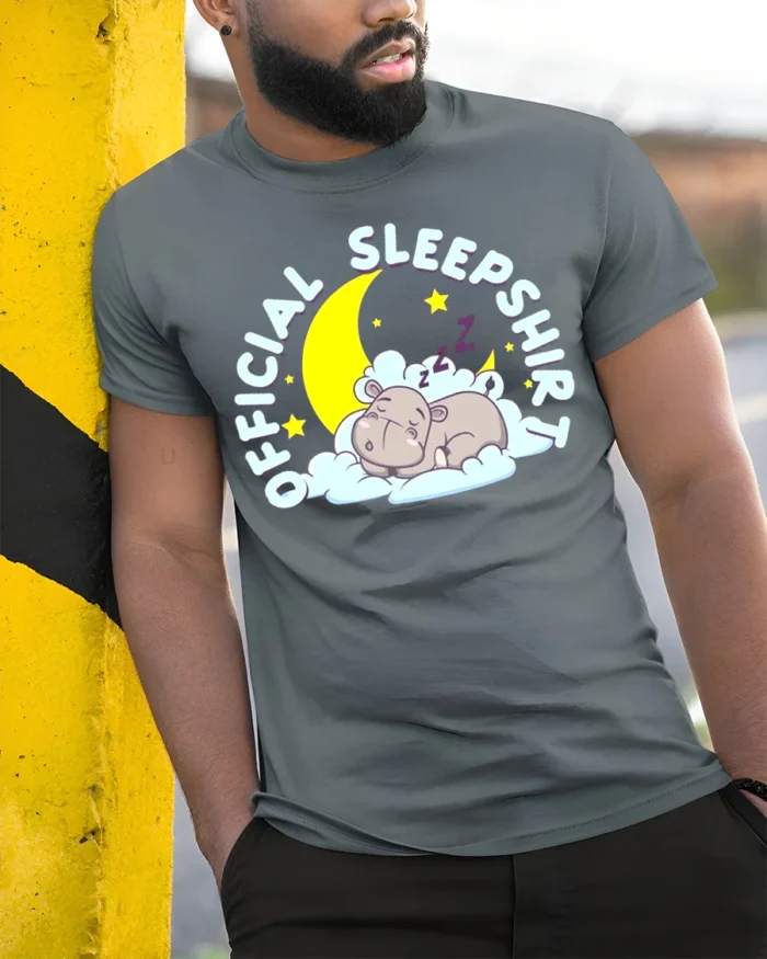 Official Sleep Shirt Cute Hippo T-Shirt for Bedtime - model in grey shirt leaning against column