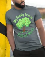 Funny Family Tree T-Shirt My Family Is Full of Nuts Tee - model in grey shirt leaning against column