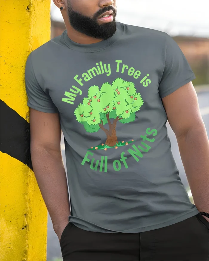 Funny Family Tree T-Shirt My Family Is Full of Nuts Tee - model in grey shirt leaning against column