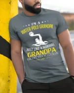 Water Polo Grandpa T-Shirt Funny Cool Grandpa Tee Gift - model in grey shirt leaning against column