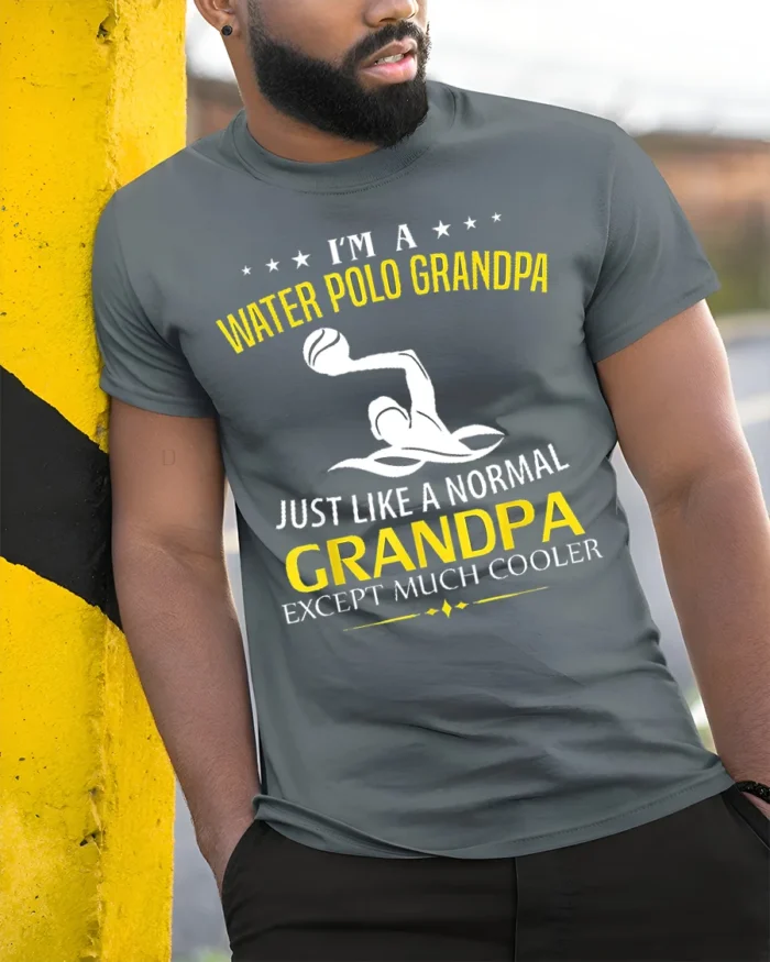 Water Polo Grandpa T-Shirt Funny Cool Grandpa Tee Gift - model in grey shirt leaning against column