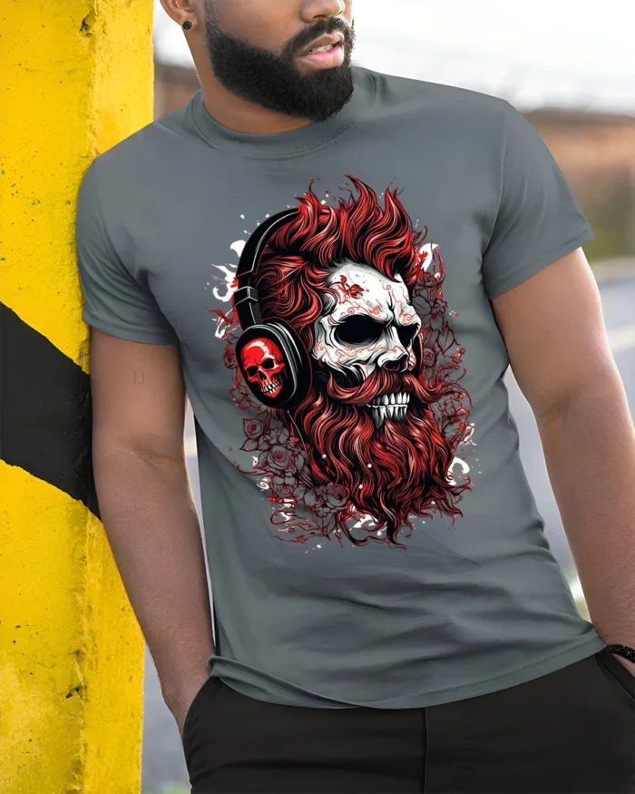 Skull DJ Headphones T-Shirt Gothic Rock Streetwear Tee - model in grey shirt leaning against column