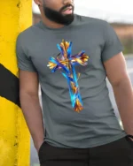 Christian Cross T-Shirt Abstract Faith Graphic Tee USA - model in grey shirt leaning against column