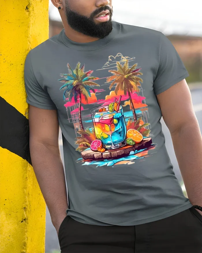 Tropical Sunset Cocktail T-Shirt Summer Beach Vibe Tee - model in grey shirt leaning against column