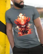 Flame Warrior Anime T-Shirt Fire Power Graphic Tee for Fans - model in grey shirt leaning against column