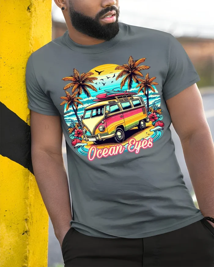 Vintage Van Beach T-Shirt Ocean Eyes Tropical Surf Tee - model in grey shirt leaning against column