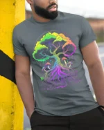 Psychedelic Tree of Life Yoga Zen T-Shirt Vibrant Trippy Nature - model in grey shirt leaning against column
