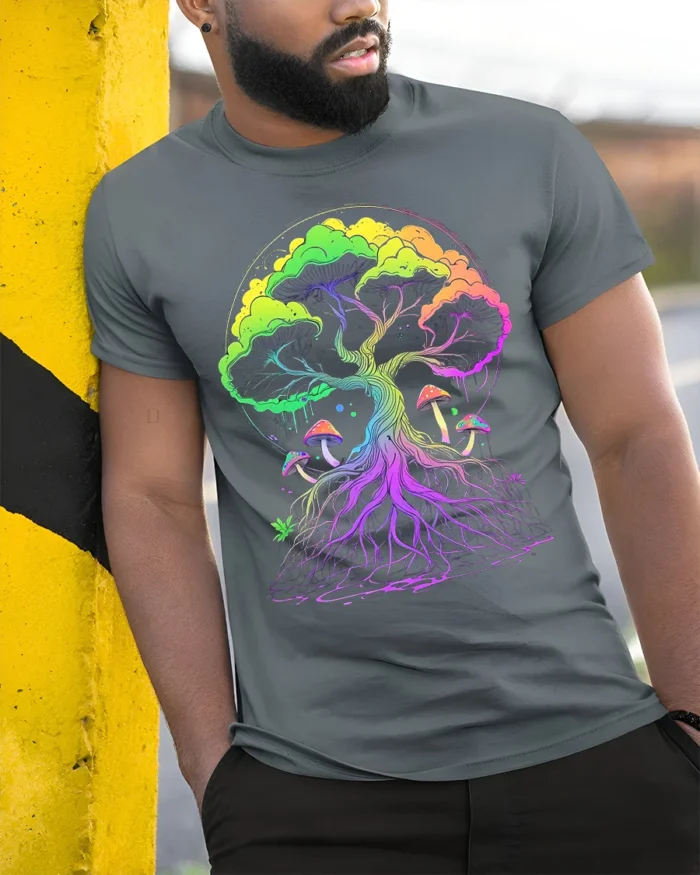 Psychedelic Tree of Life Yoga Zen T-Shirt Vibrant Trippy Nature - model in grey shirt leaning against column