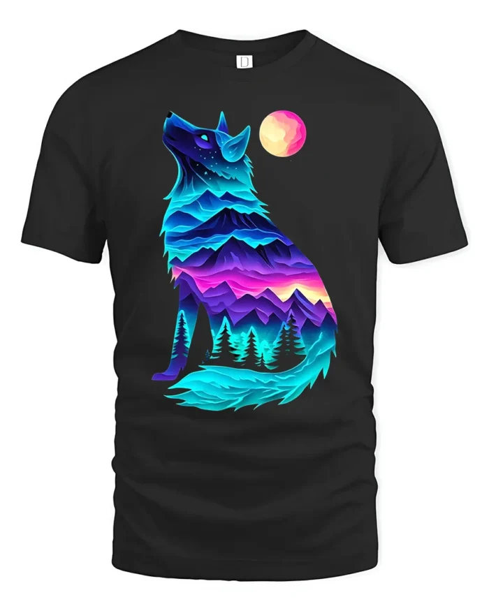 Neon Wolf Landscape Graphic T-Shirt for Nature Lovers - black t-shirt on white background