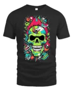 Neon Skull Explosion T-Shirt Colorful Punk Horror Tee - black t-shirt on white background
