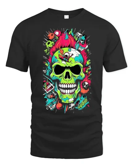 Neon Skull Explosion T-Shirt Colorful Punk Horror Tee - black t-shirt on white background