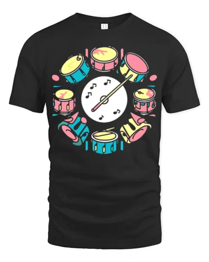 Colorful Drum Set Graphic T-Shirt Musician Gift Tee - black t-shirt on white background