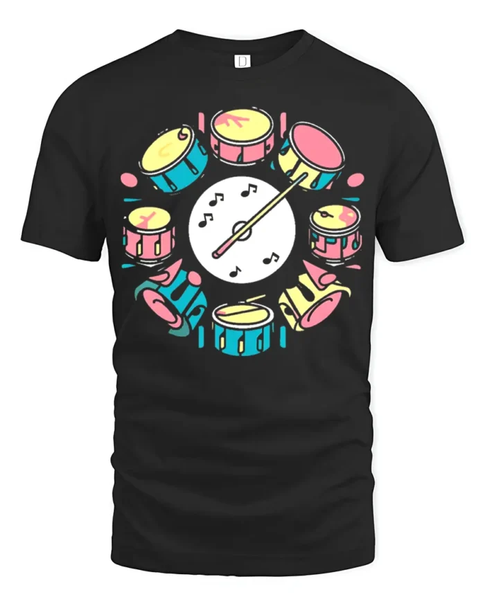 Colorful Drum Set Graphic T-Shirt Musician Gift Tee - black t-shirt on white background