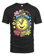 Colorful Happy Alarm Clock T-Shirt Retro Cartoon Tee - black t-shirt on white background