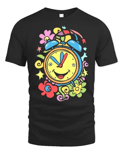 Colorful Happy Alarm Clock T-Shirt Retro Cartoon Tee - black t-shirt on white background